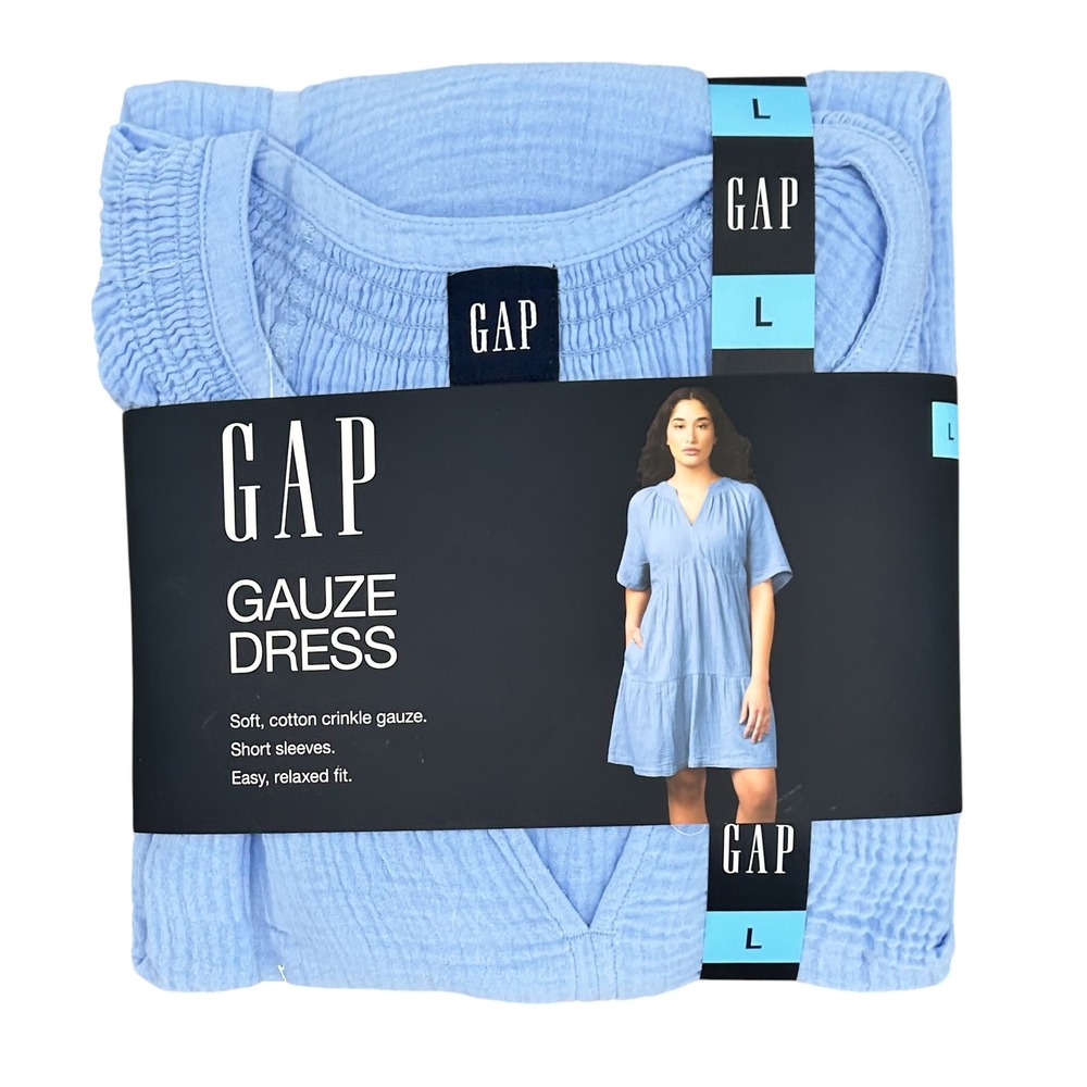 Gap Gauze Dress Short Sleeve Tiered Cotton Crinkle Blue Large